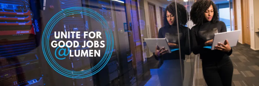 Image of woman with a laptop next to logo that reads "unite for good jobs at LUMEN"