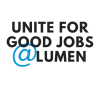 Black text that reads "Unite for good jobs at Lumen" with the "at" a blue @ symbol